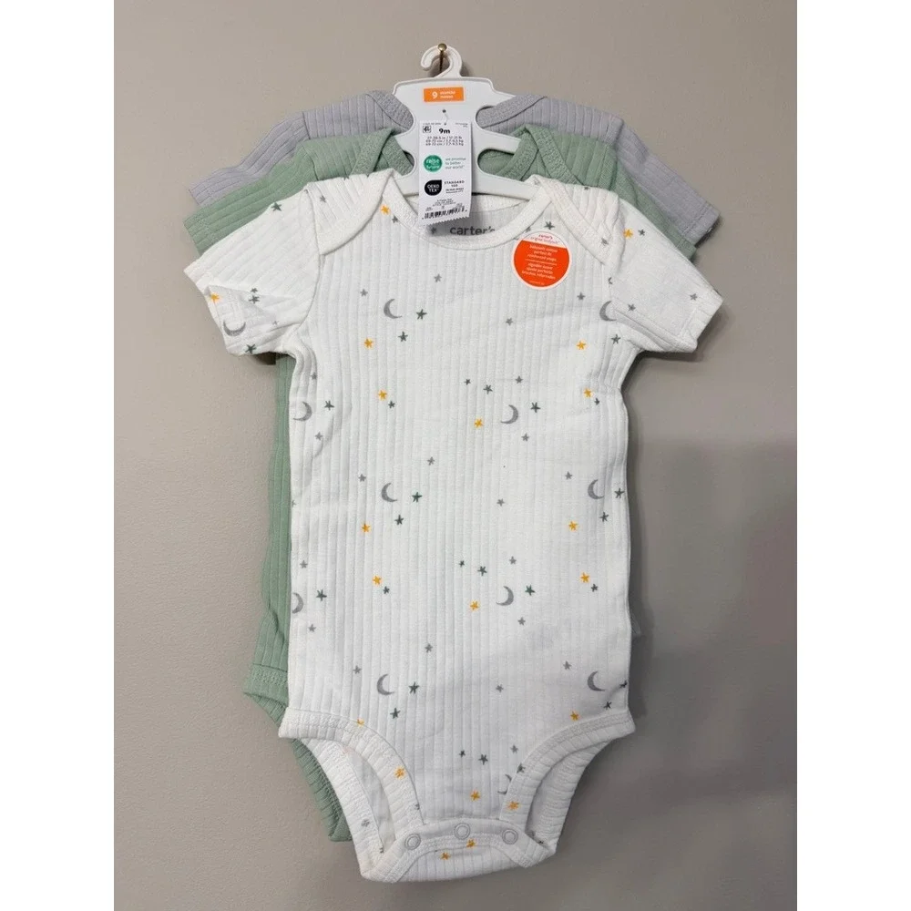 Carter's Bodysuit 3-Pack Baby 9M Grey Green White‎ Star Moon Ribbed NWT